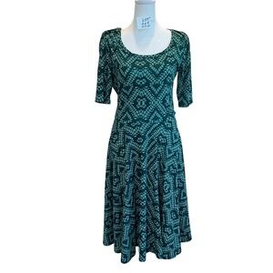 LuLaRoe Nicole Dress Green Teal Geometric Print Scoop Neck Fit Flare Medium